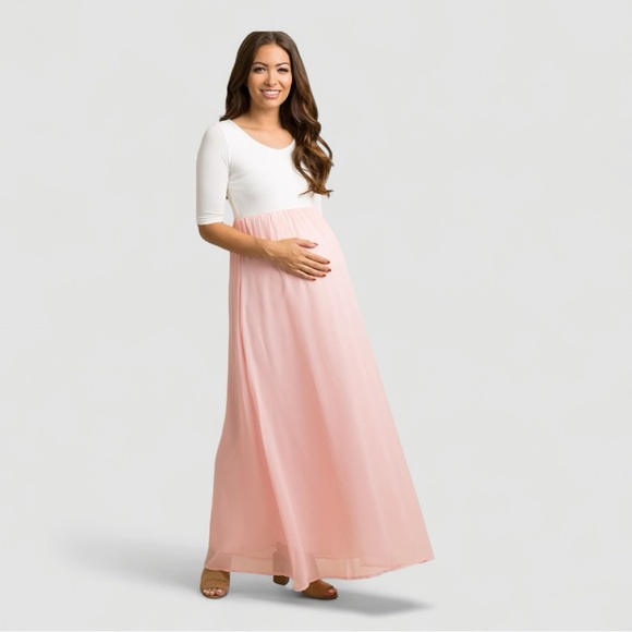 PinkBlush Light Pink Chiffon Colorblock Maternity Maxi Dress l Petite Small - Picture 2 of 4